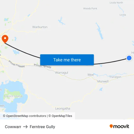 Cowwarr to Ferntree Gully map