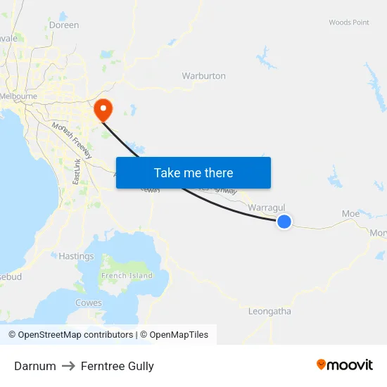 Darnum to Ferntree Gully map
