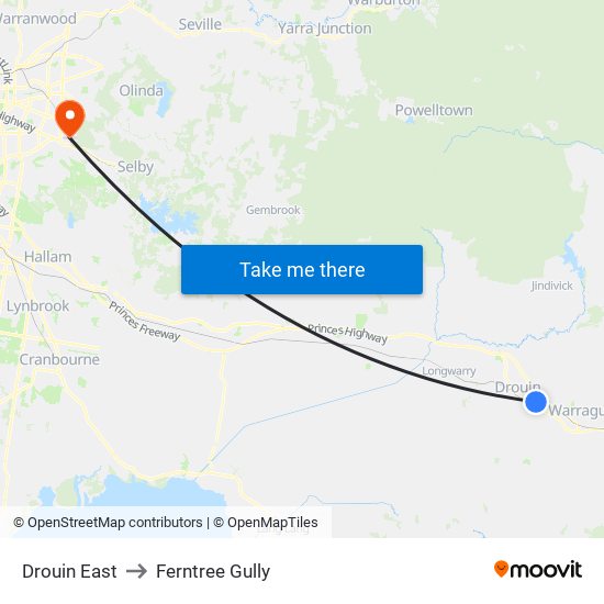 Drouin East to Ferntree Gully map