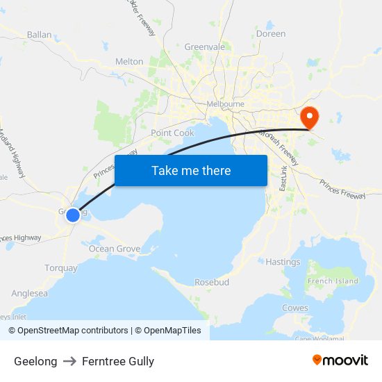 Geelong to Ferntree Gully map