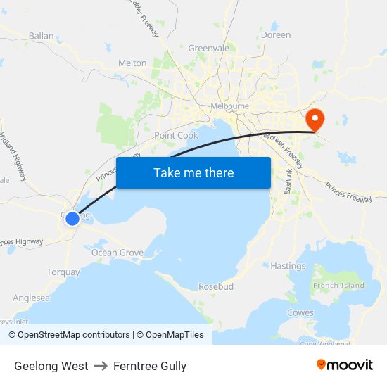 Geelong West to Ferntree Gully map