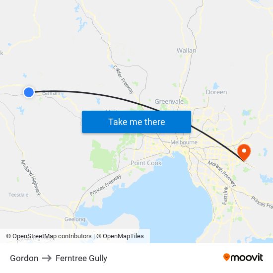Gordon to Ferntree Gully map