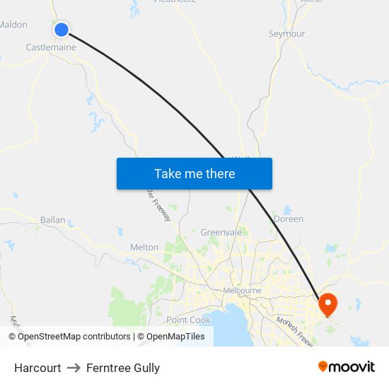 Harcourt to Ferntree Gully map