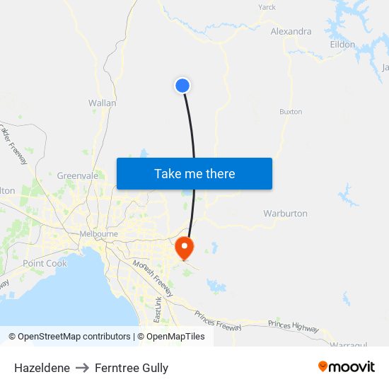 Hazeldene to Ferntree Gully map