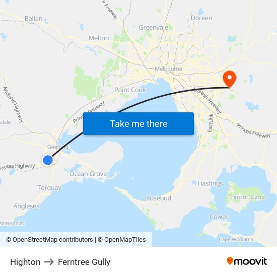 Highton to Ferntree Gully map