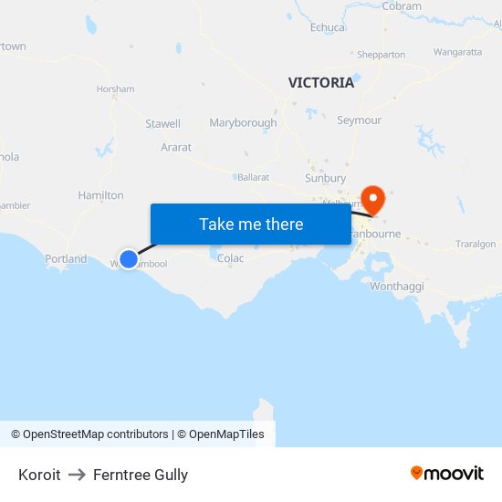 Koroit to Ferntree Gully map