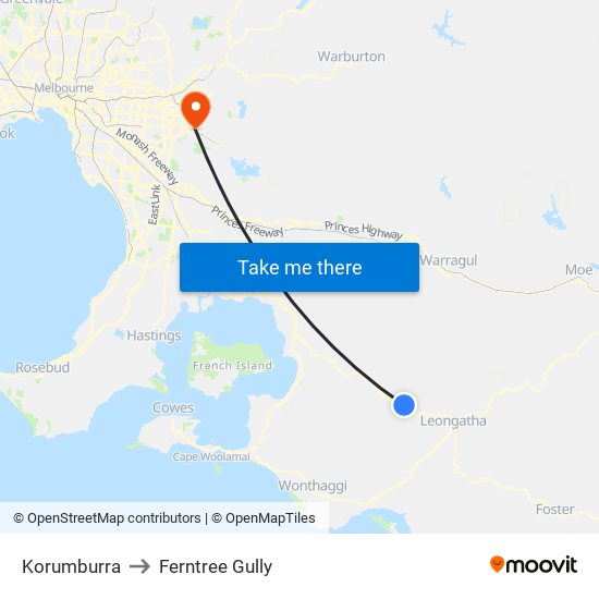 Korumburra to Ferntree Gully map