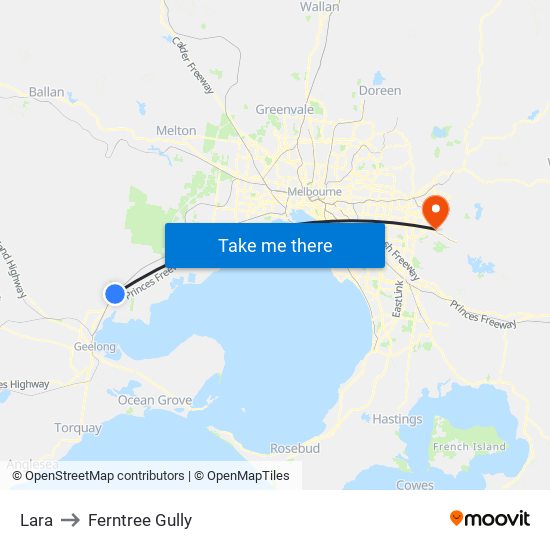 Lara to Ferntree Gully map