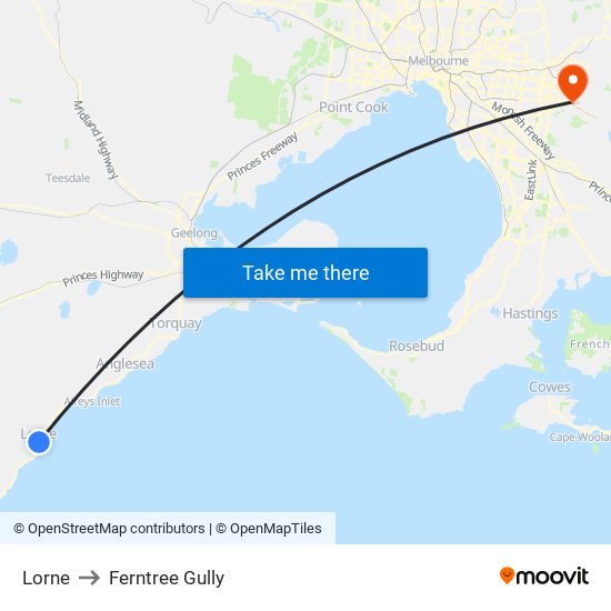 Lorne to Ferntree Gully map