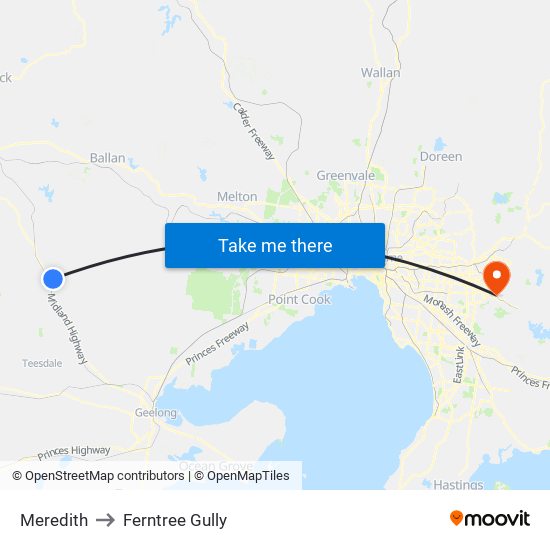 Meredith to Ferntree Gully map