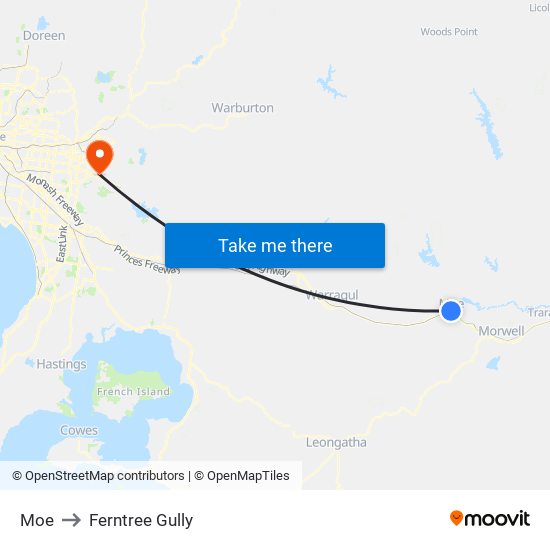 Moe to Ferntree Gully map