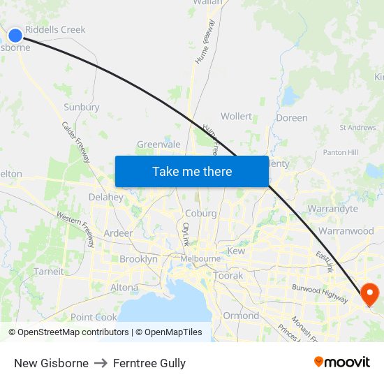 New Gisborne to Ferntree Gully map