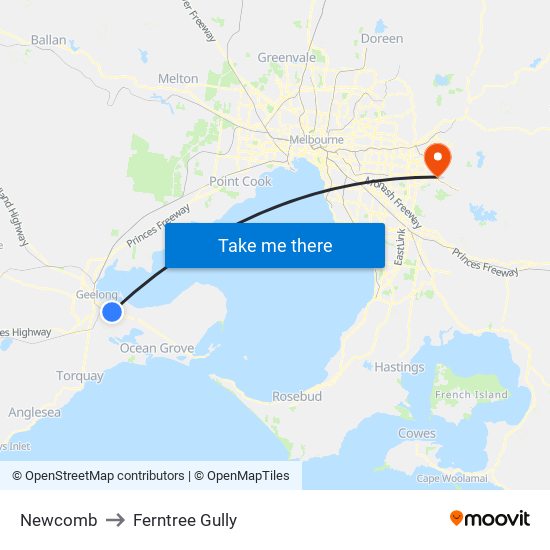 Newcomb to Ferntree Gully map