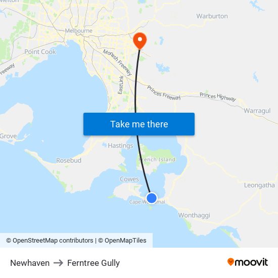 Newhaven to Ferntree Gully map