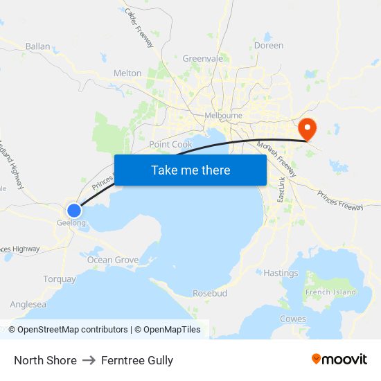 North Shore to Ferntree Gully map