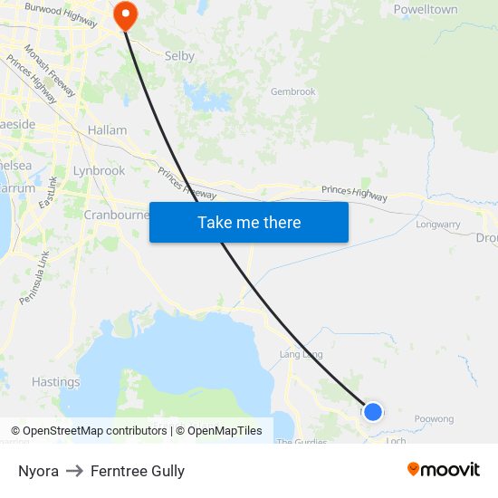 Nyora to Ferntree Gully map