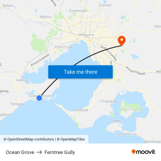 Ocean Grove to Ferntree Gully map