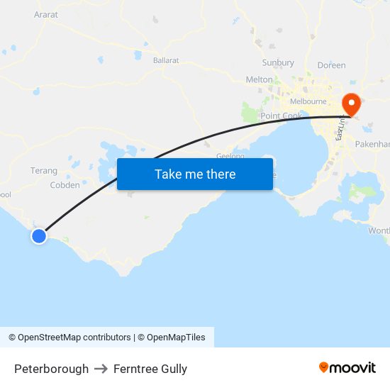 Peterborough to Ferntree Gully map