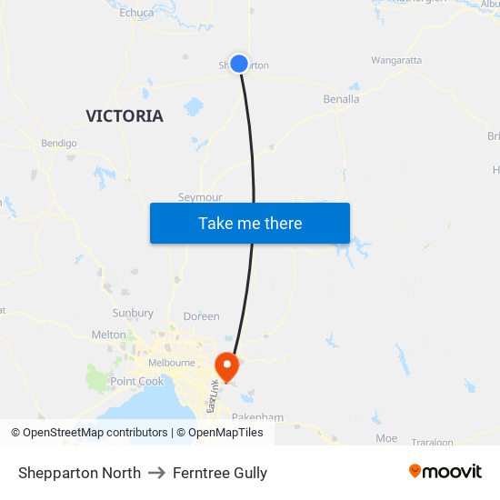 Shepparton North to Ferntree Gully map