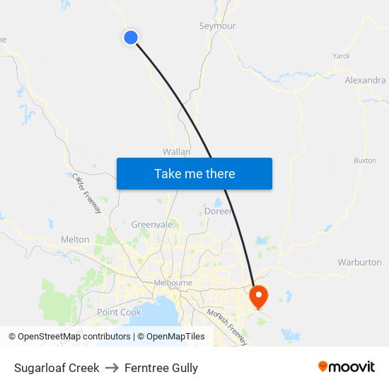 Sugarloaf Creek to Ferntree Gully map