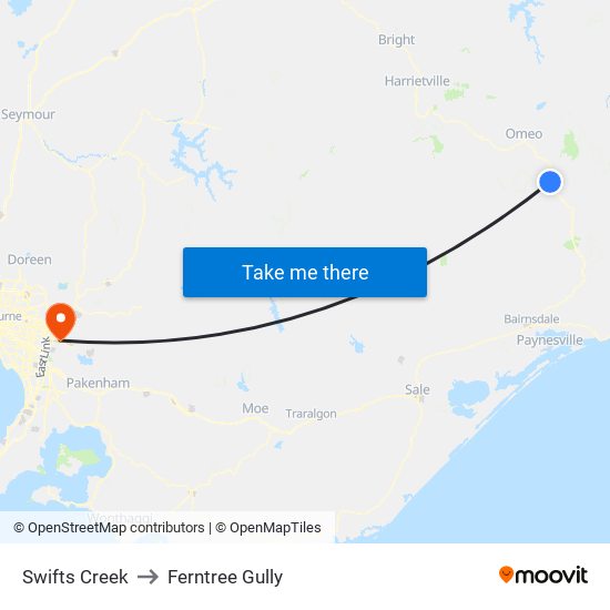 Swifts Creek to Ferntree Gully map