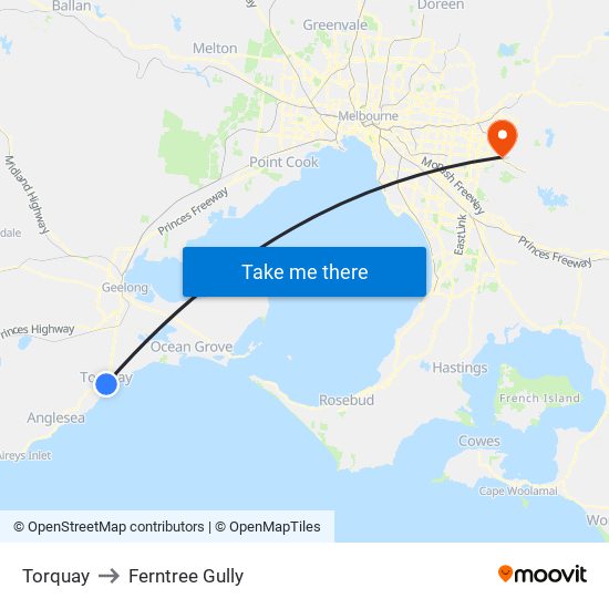 Torquay to Ferntree Gully map