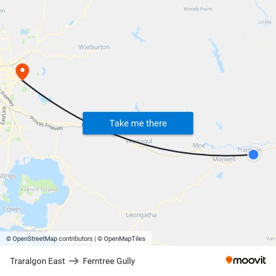 Traralgon East to Ferntree Gully map
