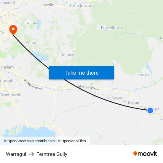 Warragul to Ferntree Gully map