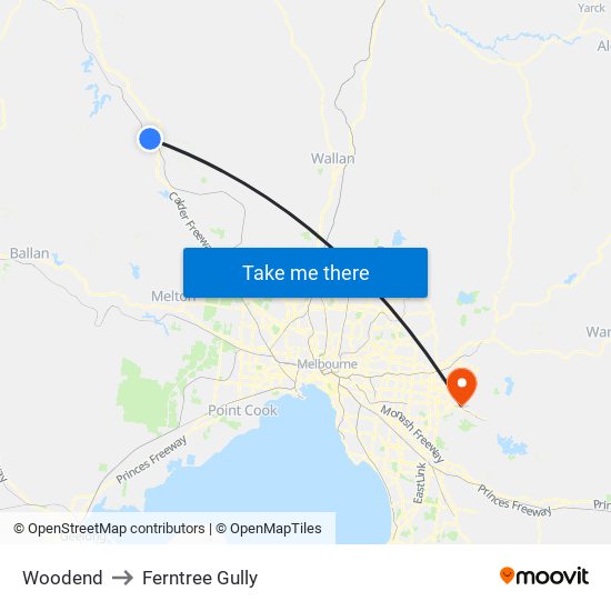 Woodend to Ferntree Gully map