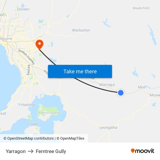 Yarragon to Ferntree Gully map