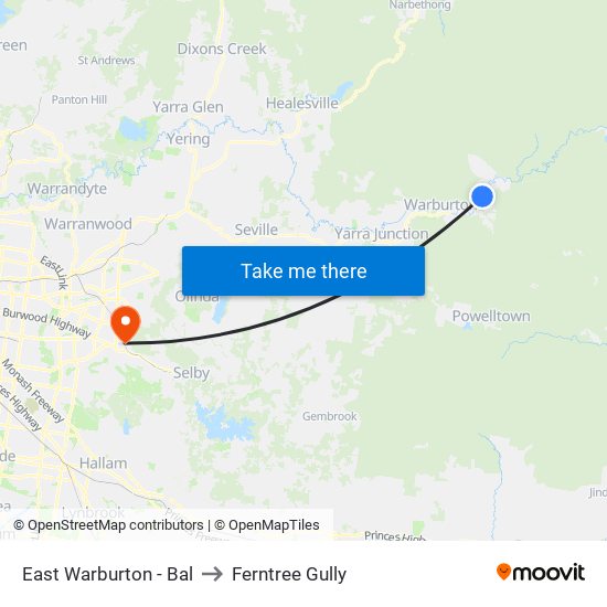 East Warburton - Bal to Ferntree Gully map