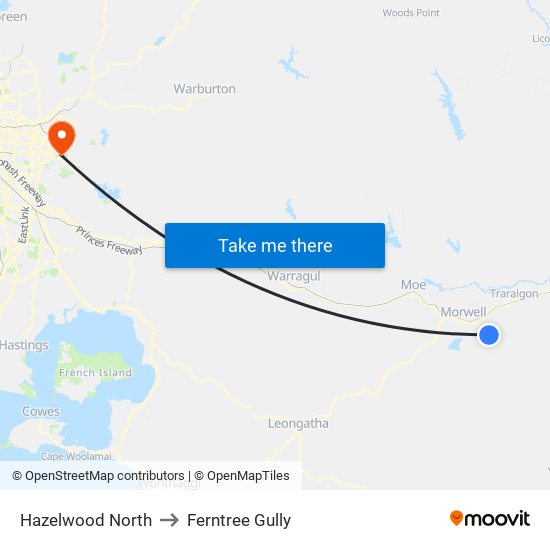 Hazelwood North to Ferntree Gully map