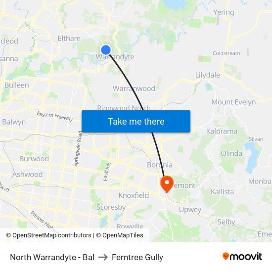 North Warrandyte - Bal to Ferntree Gully map