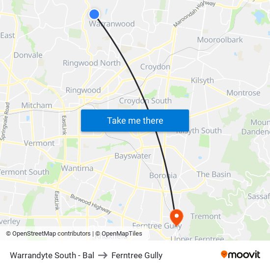 Warrandyte South - Bal to Ferntree Gully map