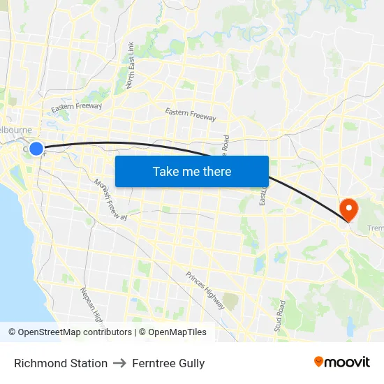 Richmond Station to Ferntree Gully map