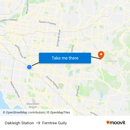Oakleigh Station to Ferntree Gully map