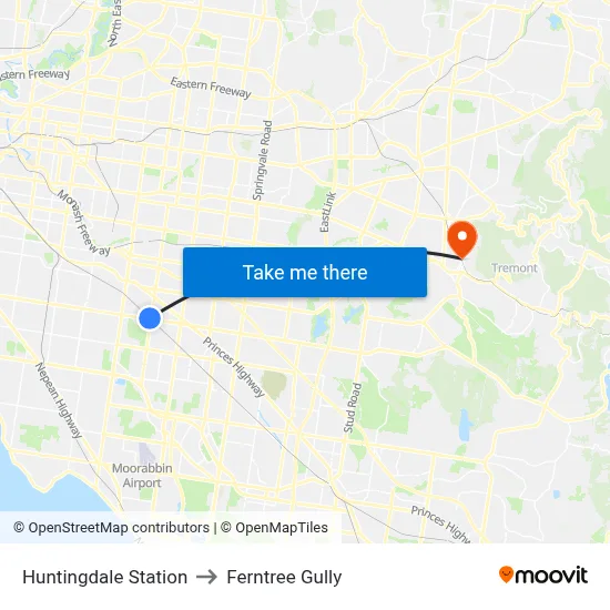 Huntingdale Station to Ferntree Gully map