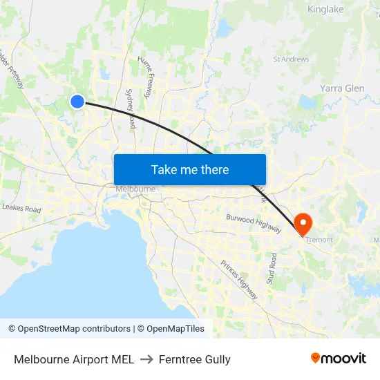 Melbourne Airport MEL to Ferntree Gully map