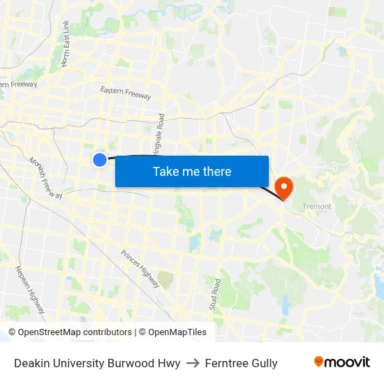 Deakin University Burwood Hwy to Ferntree Gully map