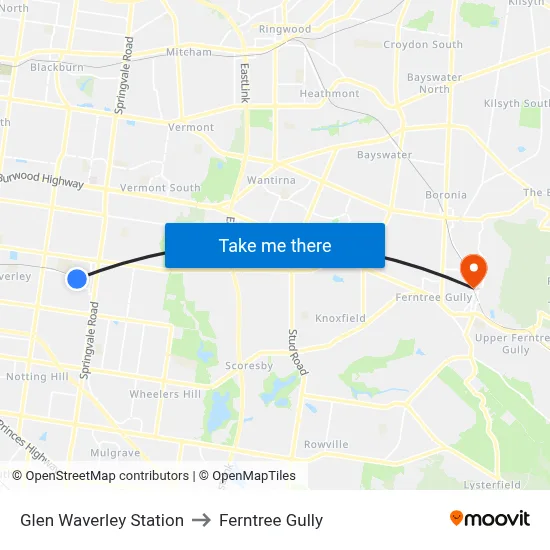 Glen Waverley Station to Ferntree Gully map