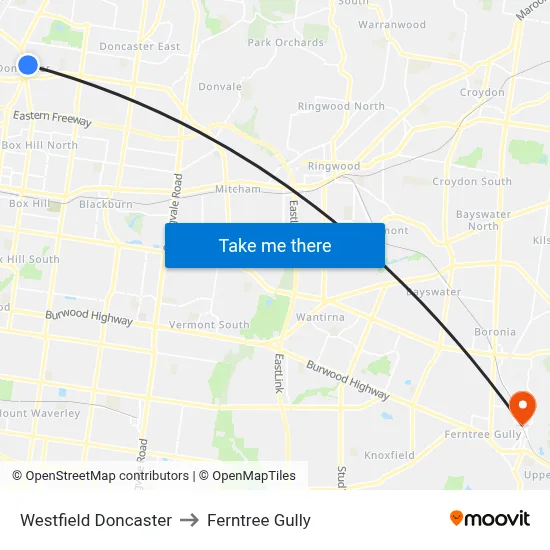 Westfield Doncaster to Ferntree Gully map