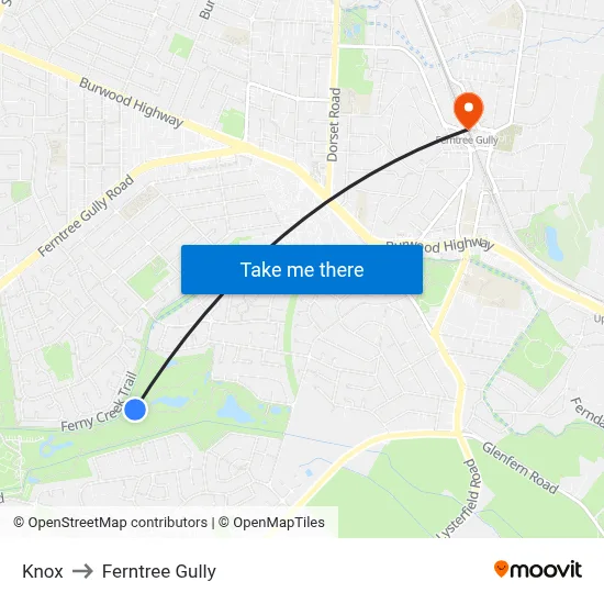 Knox to Ferntree Gully map