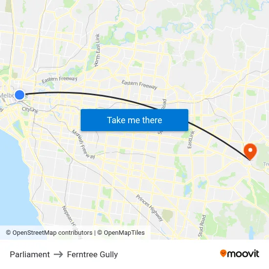 Parliament to Ferntree Gully map