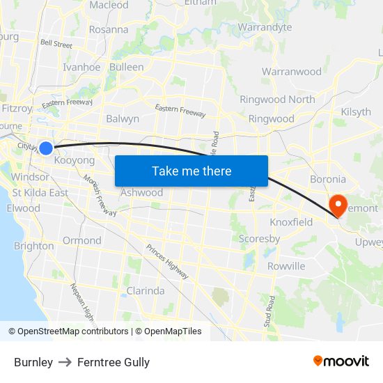 Burnley to Ferntree Gully map
