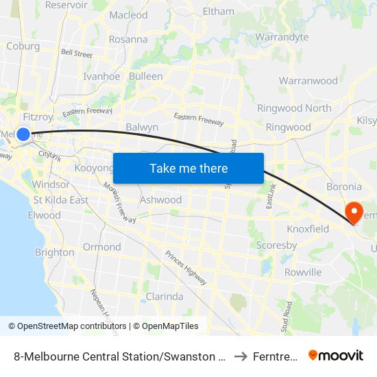 8-Melbourne Central Station/Swanston St (Melbourne City) to Ferntree Gully map