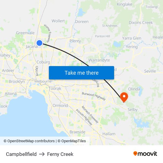 Campbellfield to Ferny Creek map