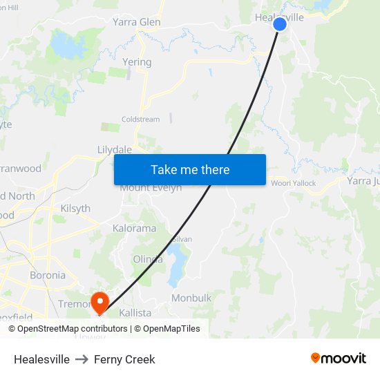 Healesville to Ferny Creek map