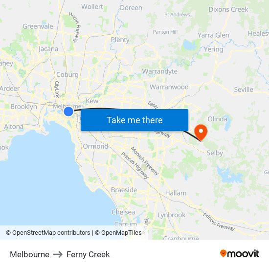 Melbourne to Ferny Creek map