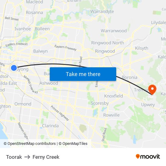 Toorak to Ferny Creek map