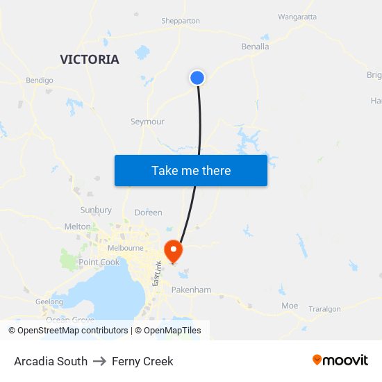 Arcadia South to Ferny Creek map